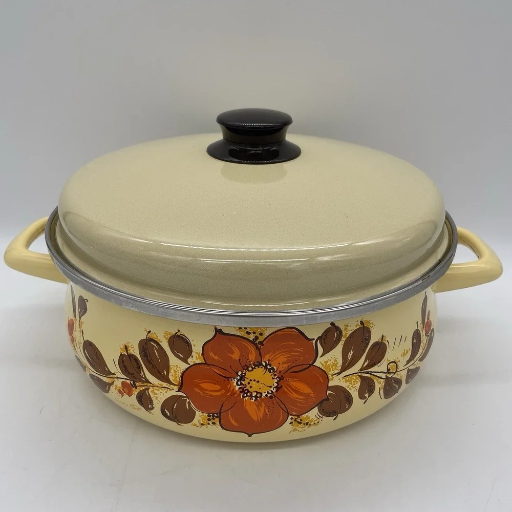 Vintage 1982 GHC Sears Yellow Enamelware Dutch Oven Stockpot Poppy Floral‎ Retro